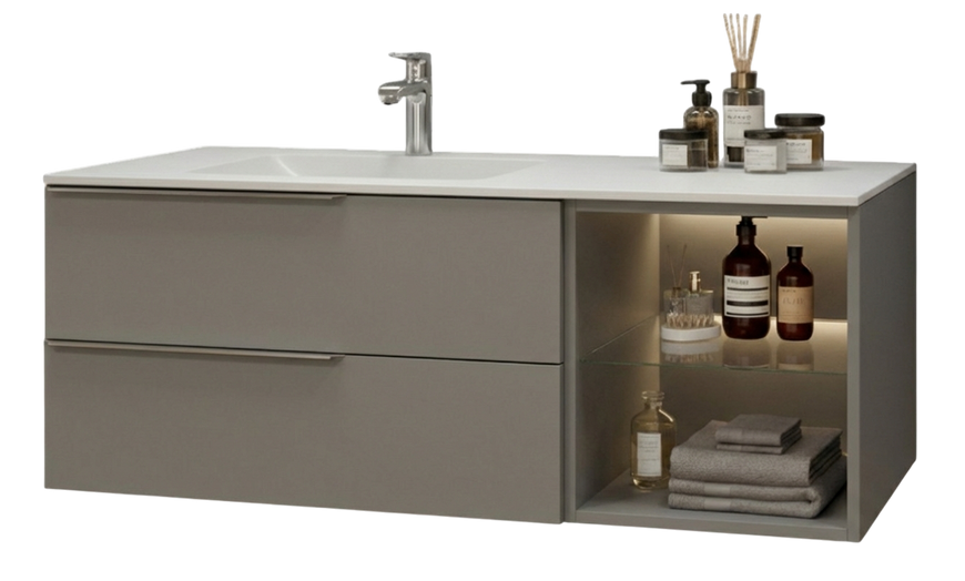 Тумба MARSAN CHESTER 1200 Вариант 3 + Раковина акриловый камень КВАДРО 1200 белый глянец 13105 фото